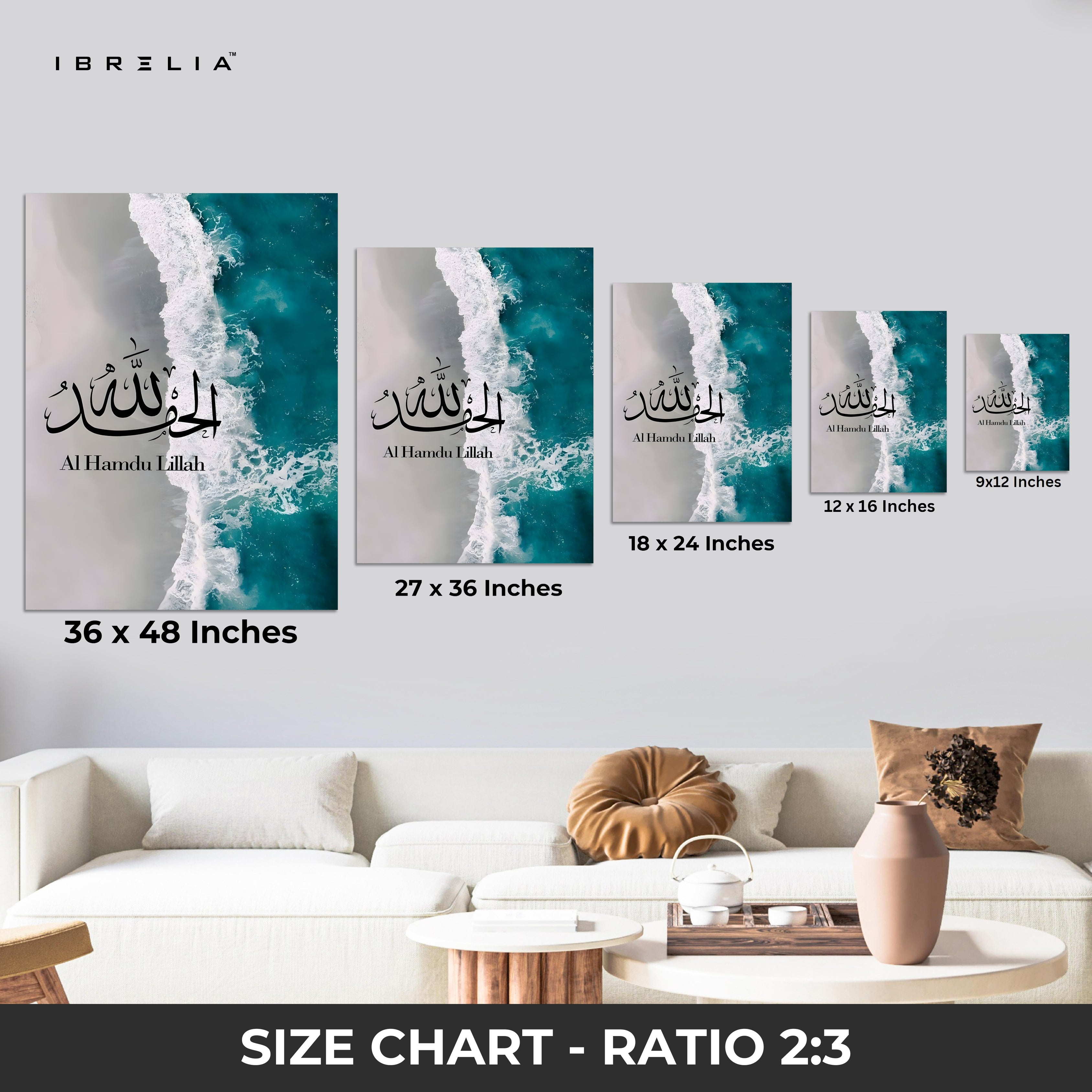 Alhamdulillah Ocean Serenity Art – Islamic Calligraphy Beach Wall Art | 4K Ultra Wrap Frame Wall Art in Pakistan | IBRELIA™