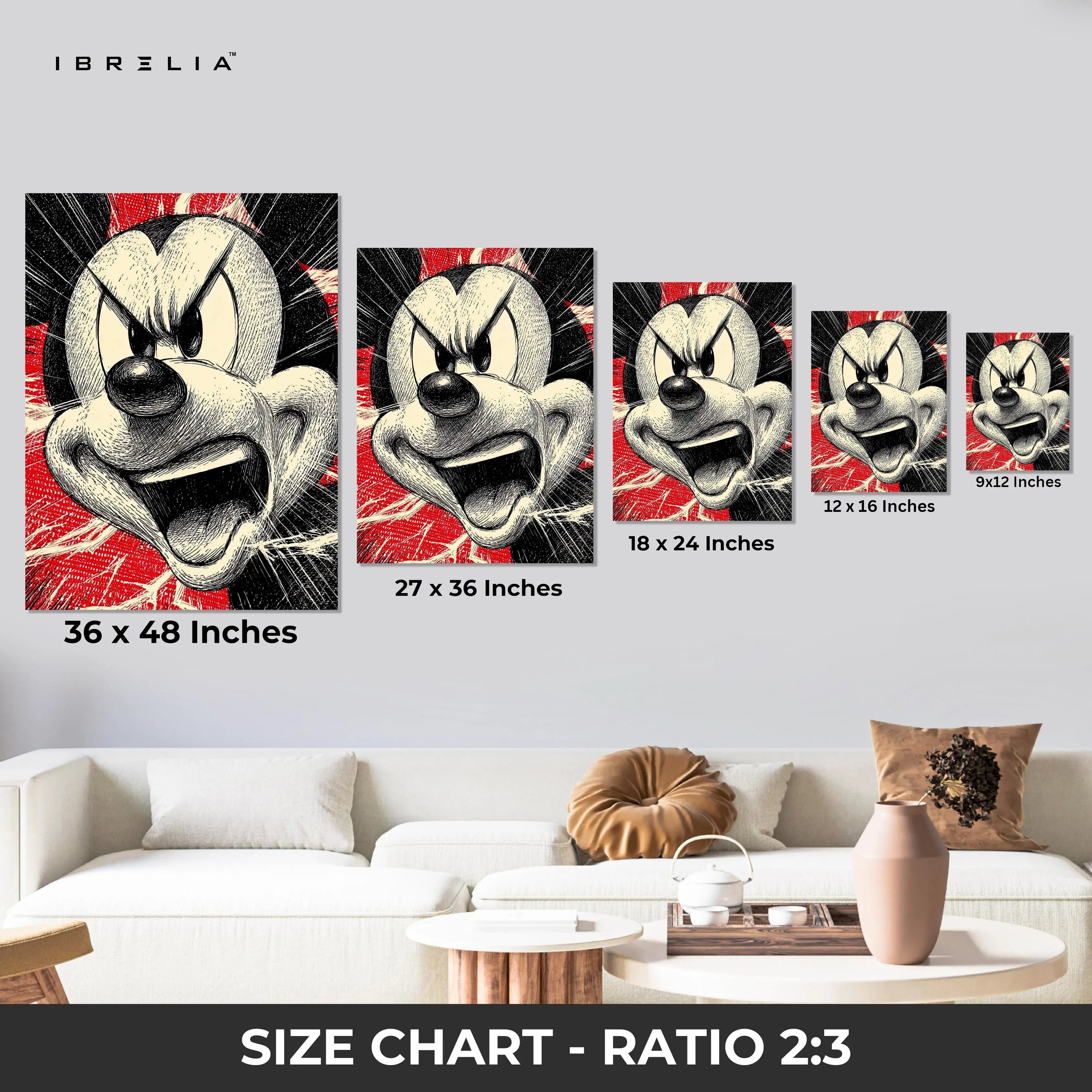 Mickey Angry Sketch Wall Art – Vintage Cartoon Canvas Frame | Bold Pop Art Poster Pakistan | IBRELIA™ IBRELIA