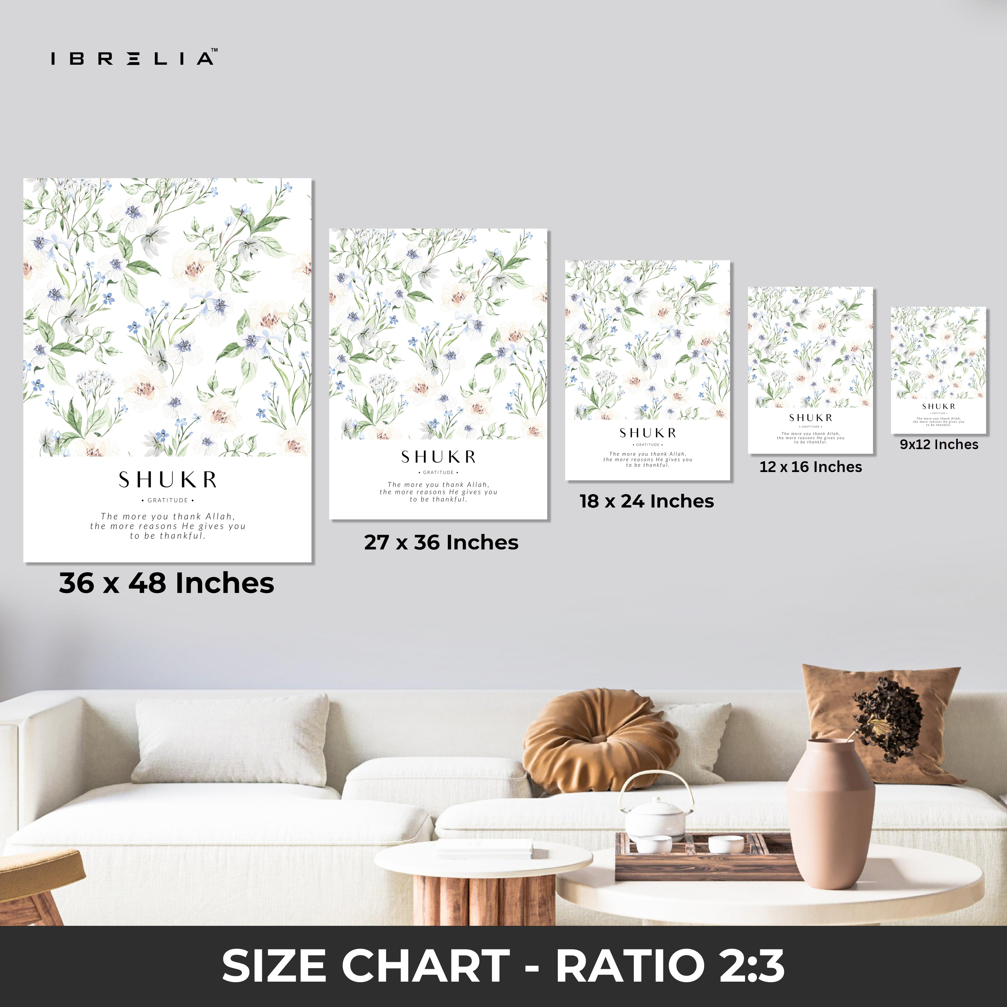 Shukr Gratitude Islamic Wall Art – Blue Floral Botanical Design | 4K Ultra Wrap Frame Wall Art in Pakistan | IBRELIA™