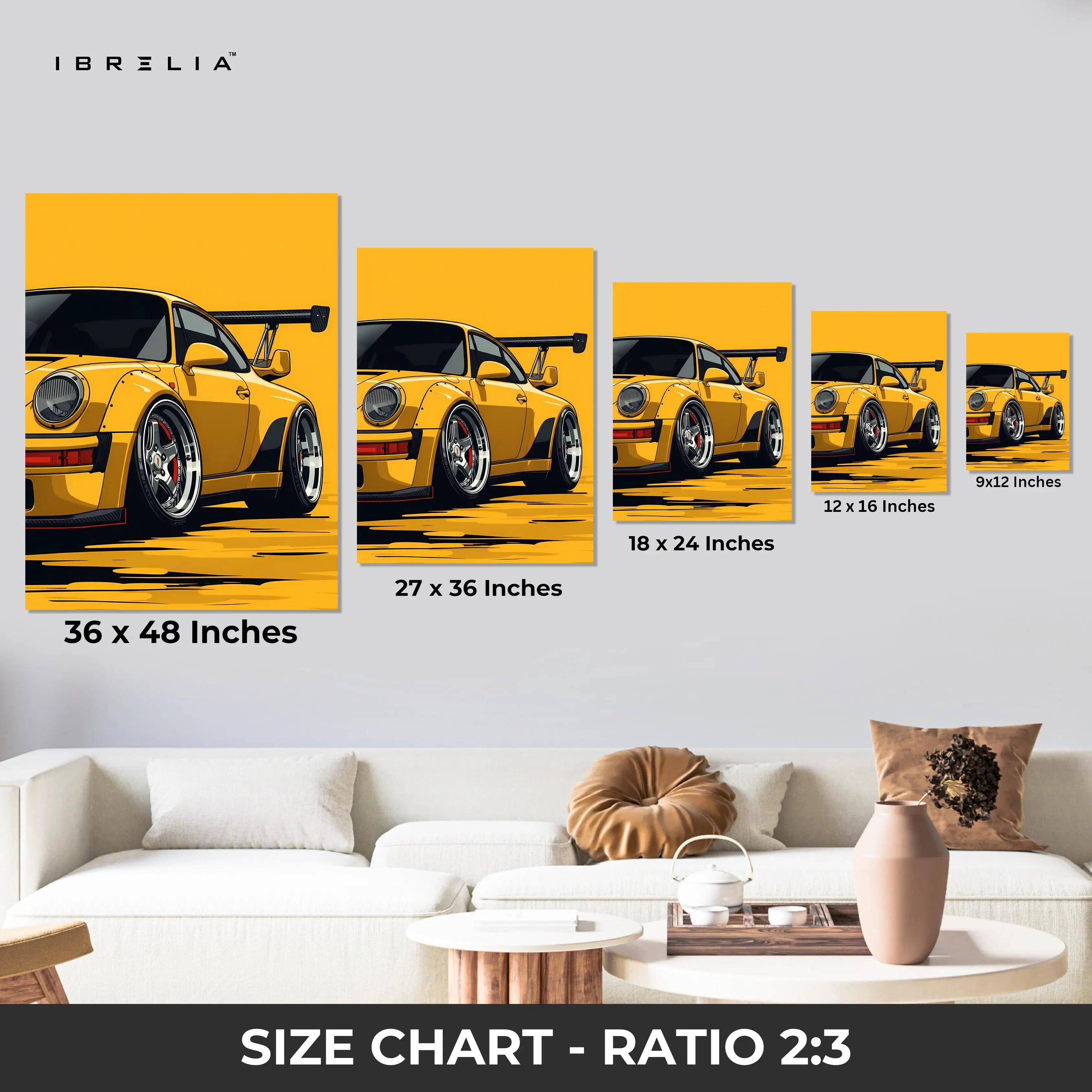 Porsche Yellow Widebody Wall Art – Sports Car Racing Canvas Frame Pakistan | JDM Style Car Poster | IBRELIA™ IBRELIA