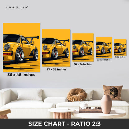 Porsche Yellow Widebody Wall Art – Sports Car Racing Canvas Frame Pakistan | JDM Style Car Poster | IBRELIA™ IBRELIA