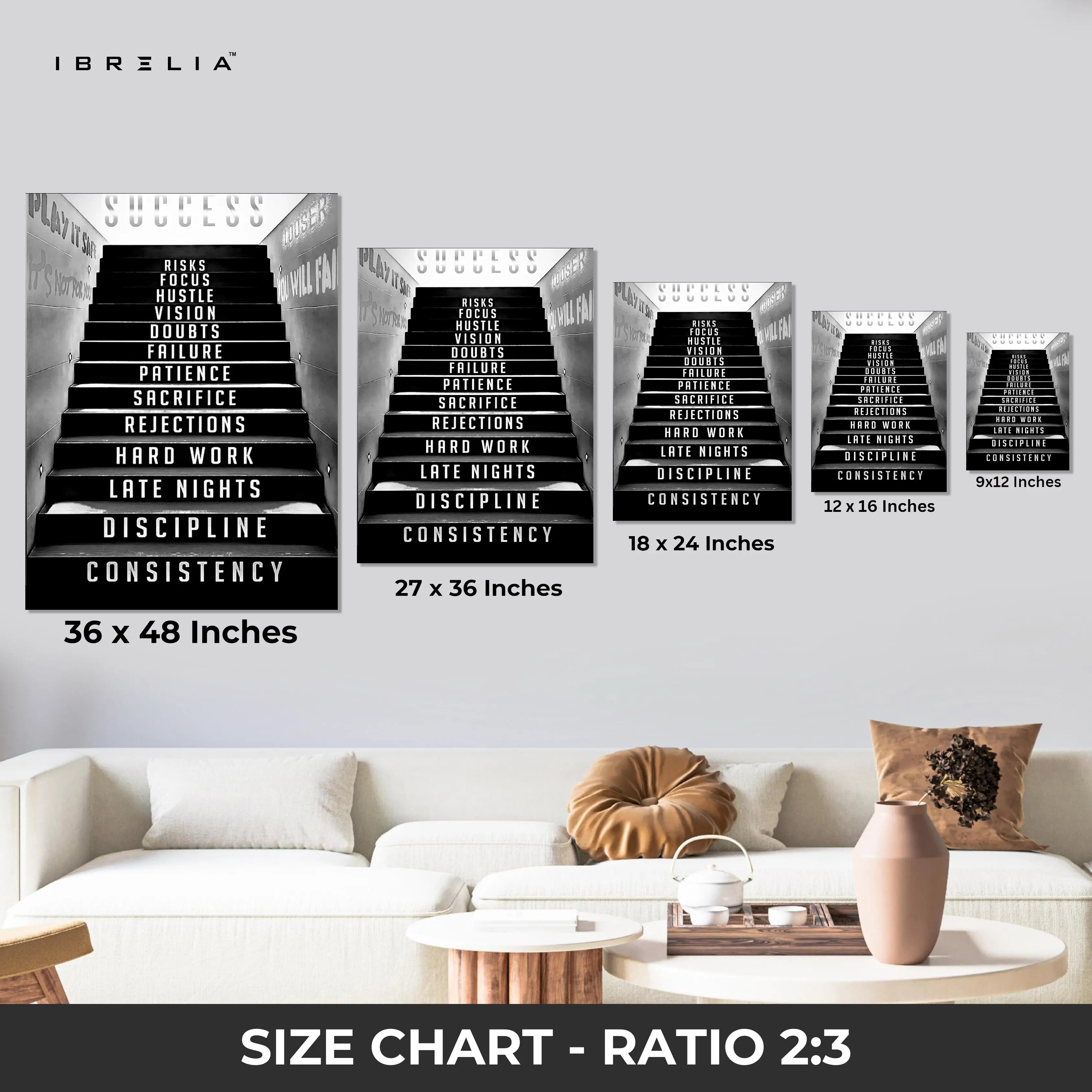 Success Staircase Motivation Wall Art – Hustle & Discipline Canvas Frame | Inspirational Office Poster Pakistan | IBRELIA™ IBRELIA