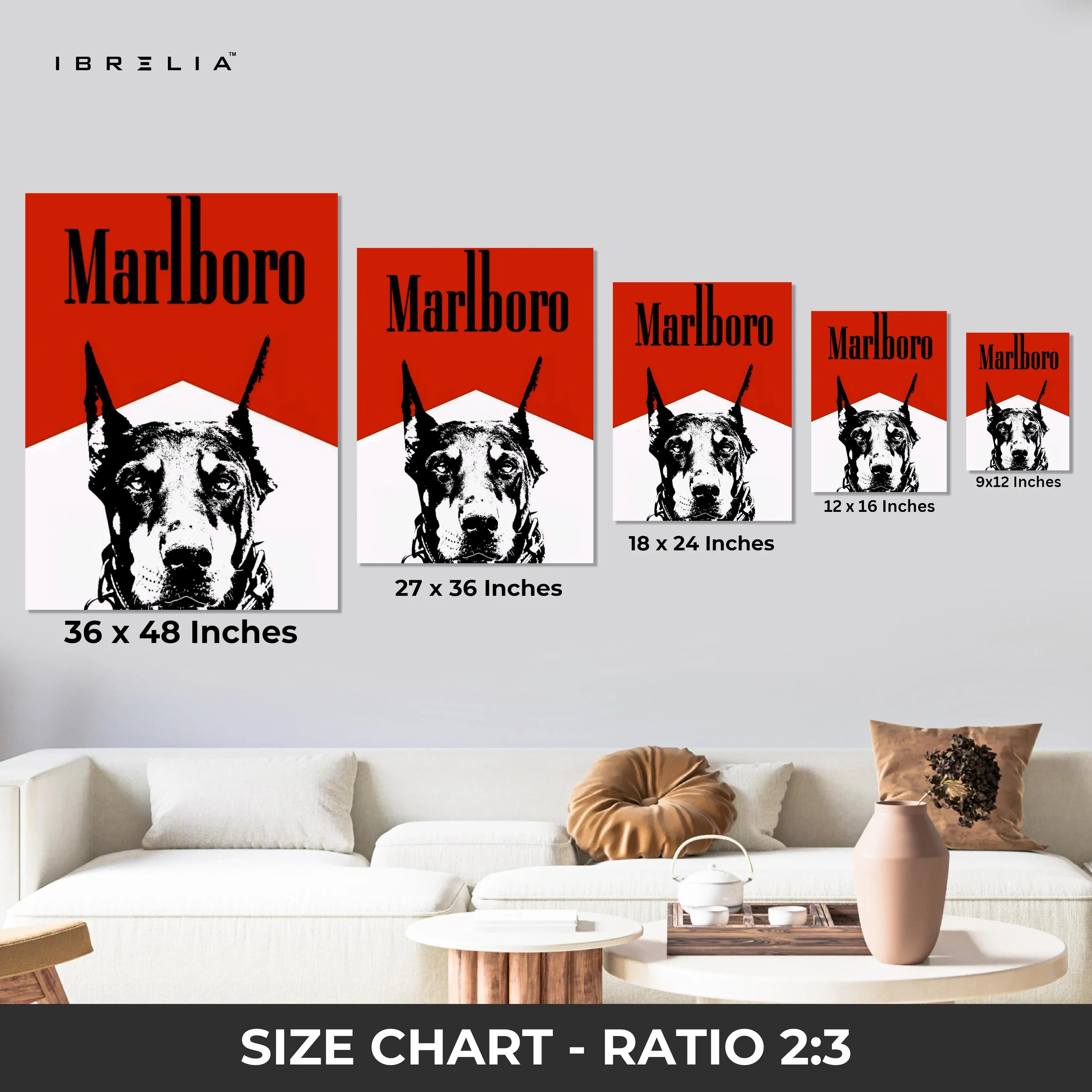 Doberman Vintage Poster Wall Art – Red Minimal Dog Canvas Frame | Retro Graphic Animal Poster Pakistan | IBRELIA™ IBRELIA