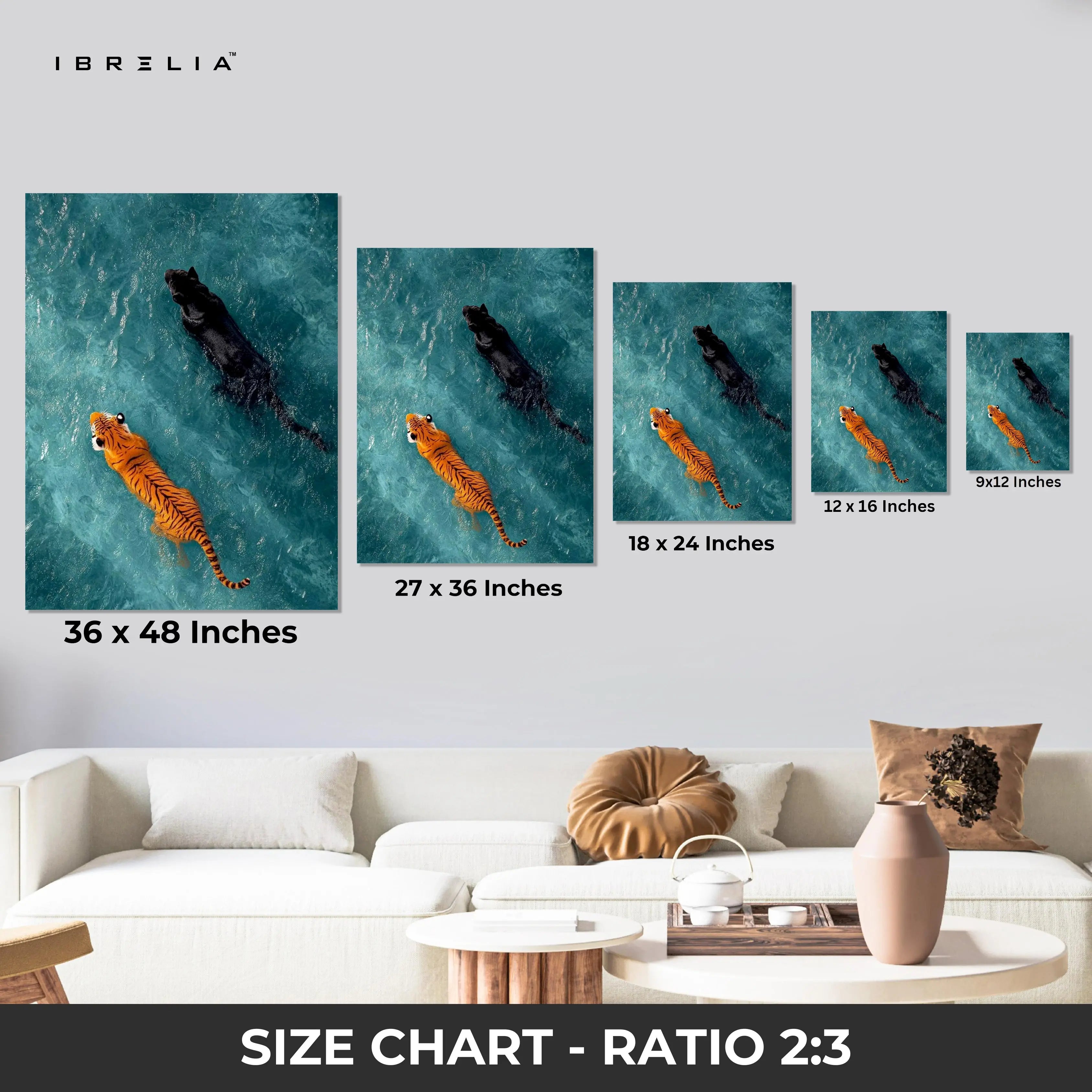 Tiger & Panther Swimming Wall Art – Minimal Wildlife Canvas Frame | Aesthetic Animal Poster Pakistan | IBRELIA™ IBRELIA