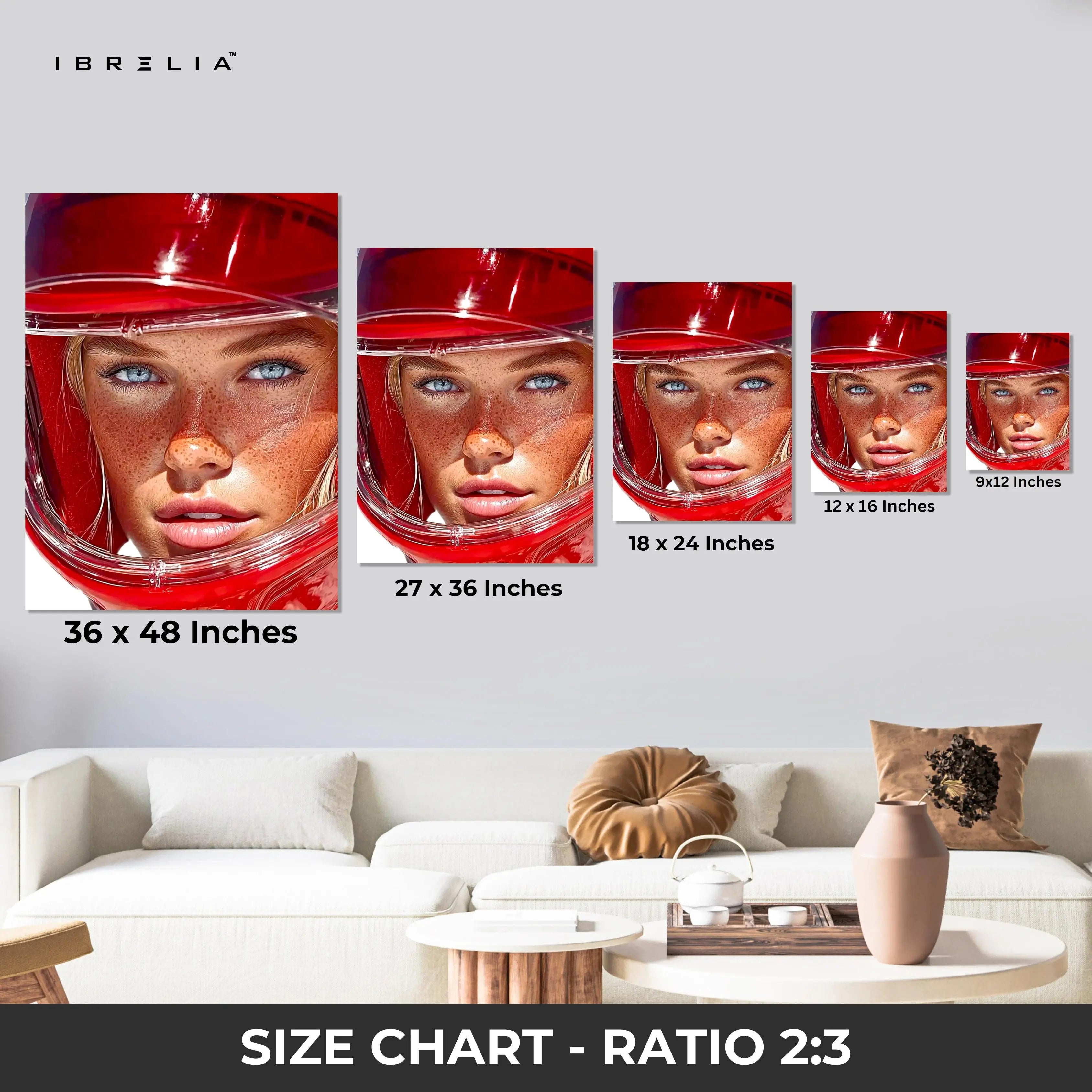 Red Helmet Portrait Wall Art – Aesthetic Fashion Canvas Frame | Bold Modern Female Poster Pakistan | IBRELIA™ IBRELIA
