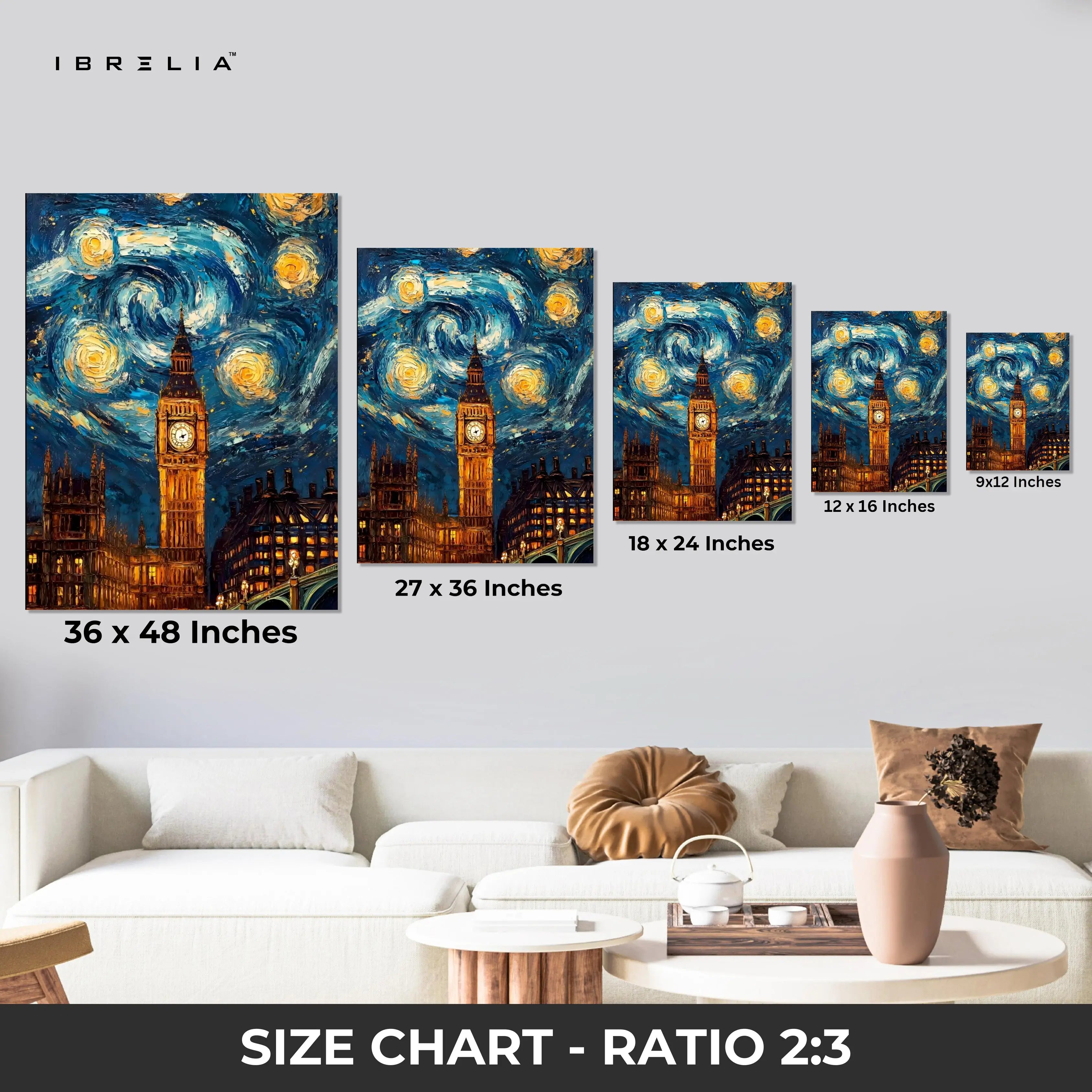 Big Ben Starry Night Wall Art – London Artistic Canvas Frame | Van Gogh Style Cityscape Poster Pakistan | IBRELIA™ IBRELIA