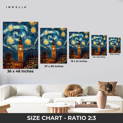 Big Ben Starry Night Wall Art – London Artistic Canvas Frame | Van Gogh Style Cityscape Poster Pakistan | IBRELIA™ IBRELIA