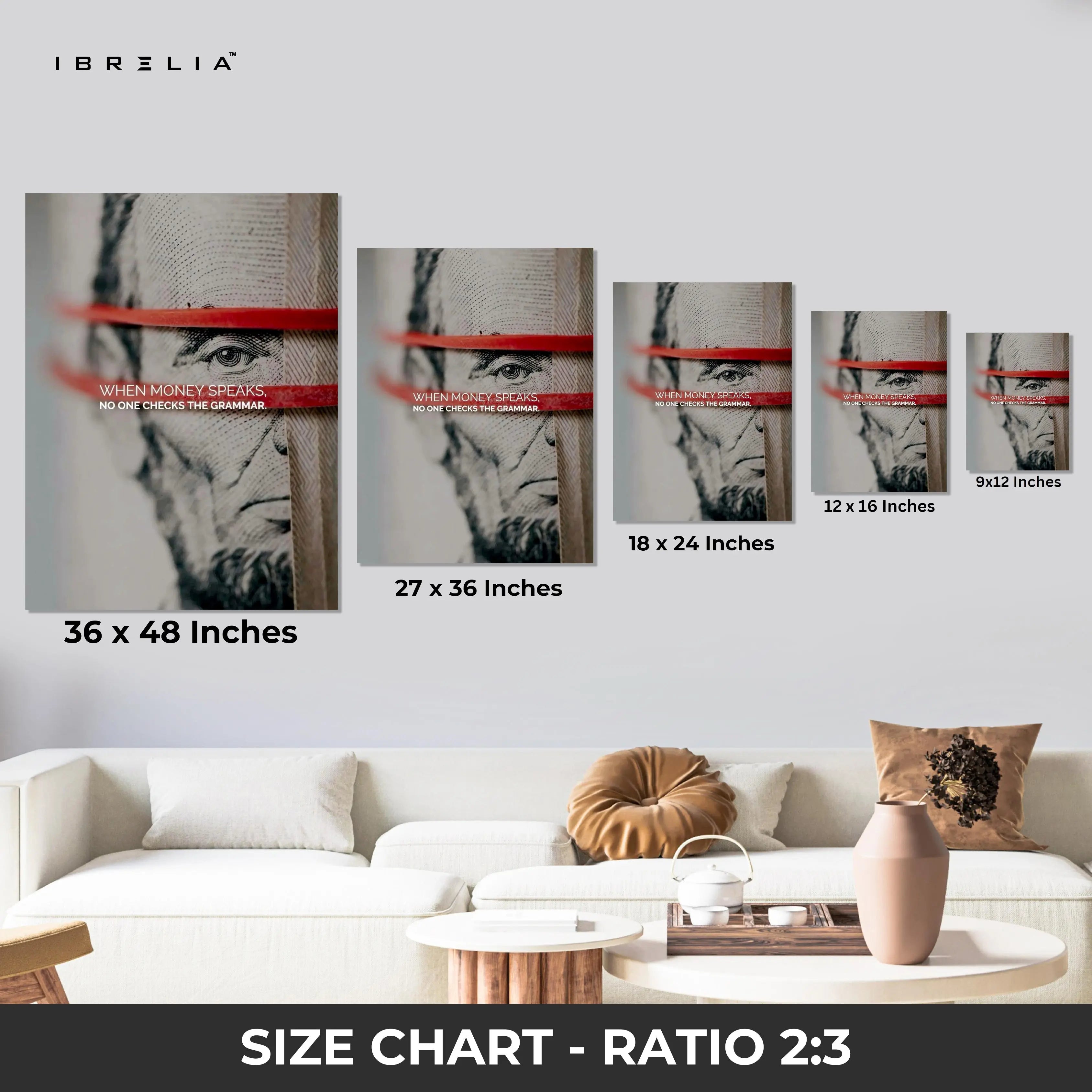 Money Speaks Quote Wall Art – Benjamin Franklin Dollar Canvas Frame | Motivational Wealth Poster Pakistan | IBRELIA™ IBRELIA