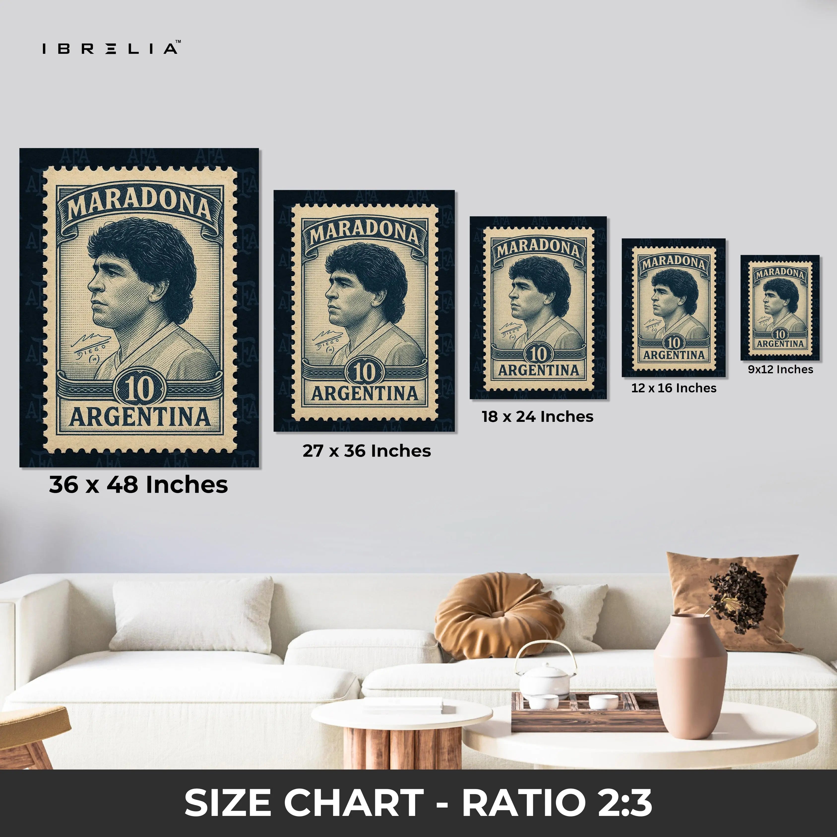 Diego Maradona Vintage Wall Art – Argentina Football Legend Canvas Frame | Retro Stamp Style Poster Pakistan | IBRELIA™ IBRELIA