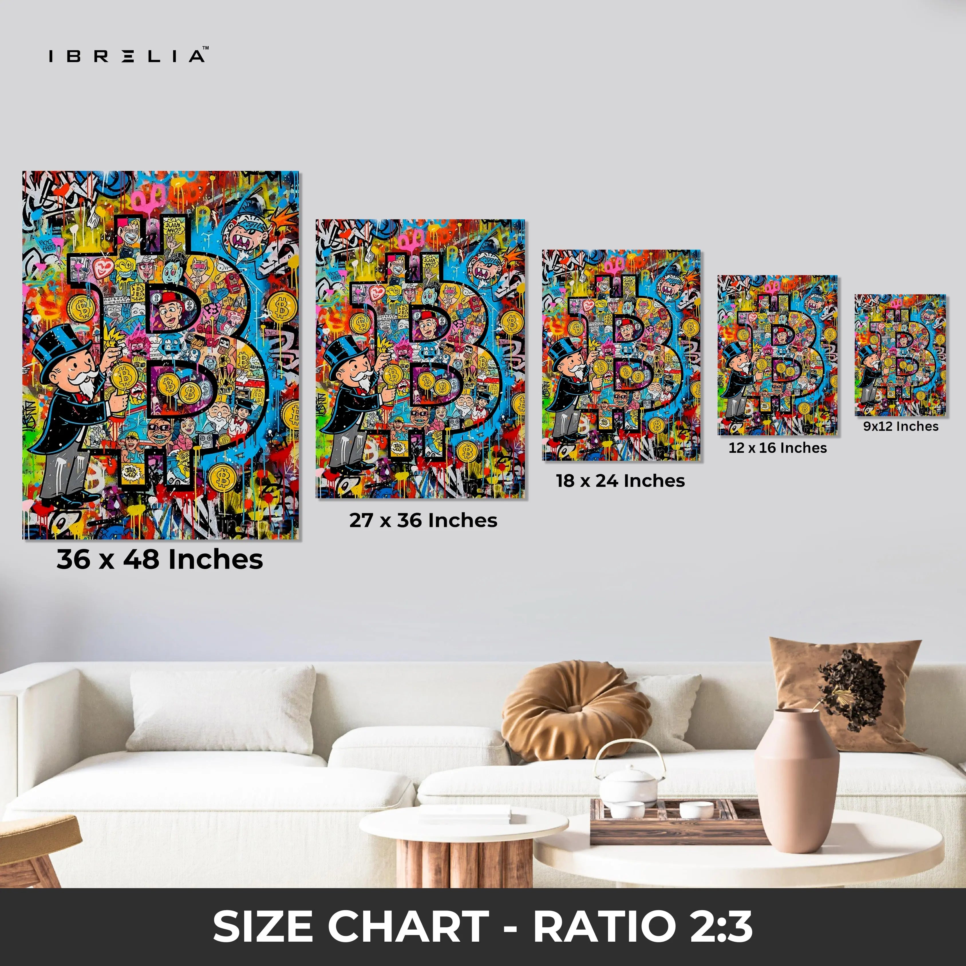 Bitcoin Graffiti Wall Art – Crypto Street Art Canvas | Monopoly Bitcoin Poster | Modern Finance Wall Decor Pakistan | IBRELIA™ IBRELIA