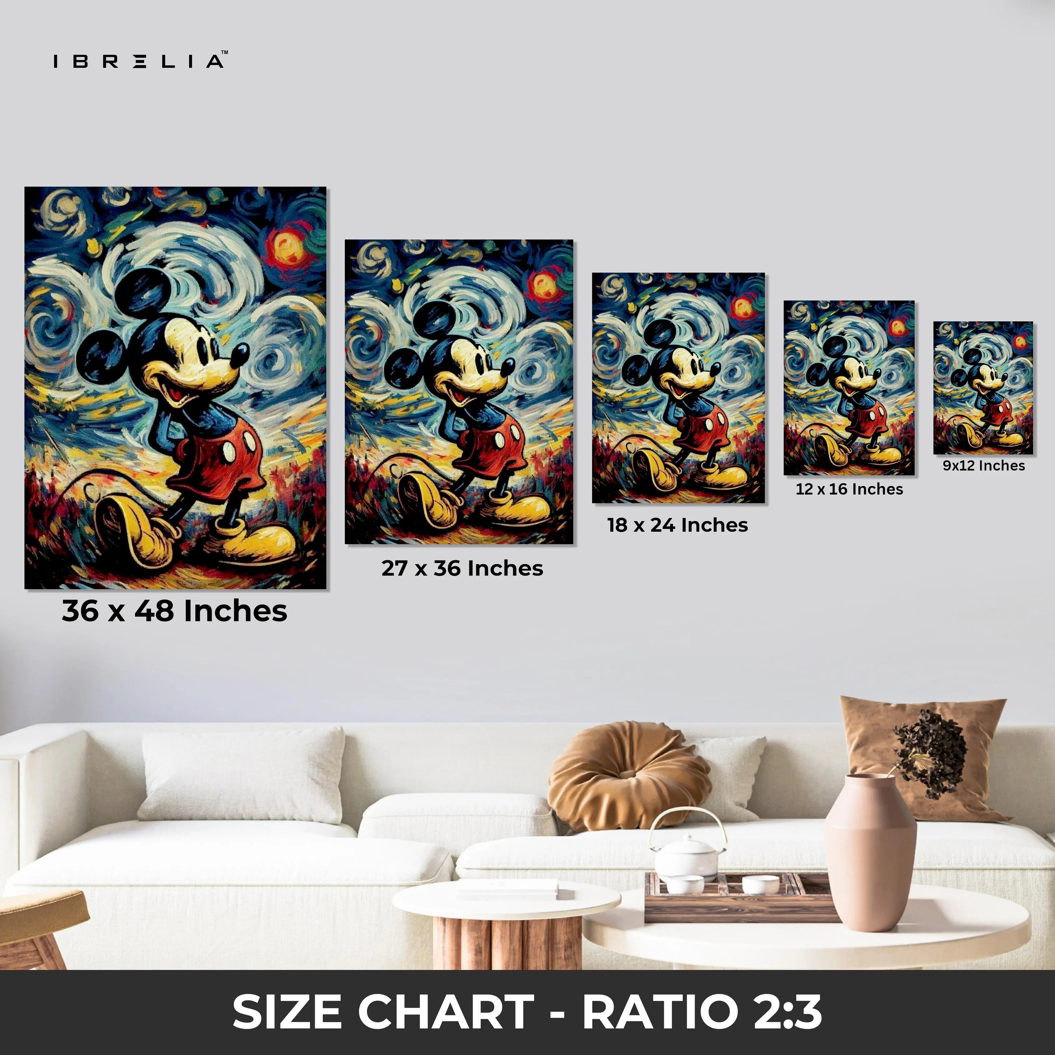 Mickey Mouse Starry Night Wall Art – Artistic Cartoon Canvas Frame | Abstract Classic Painting Style Poster Pakistan | IBRELIA™ IBRELIA