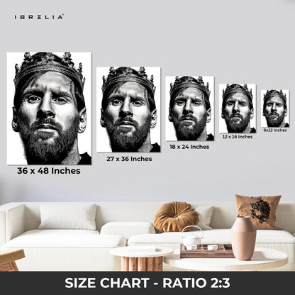 Lionel Messi Crown Portrait Wall Art – Black & White King Messi Canvas Frame | Football Legend Poster Pakistan | IBRELIA™ IBRELIA