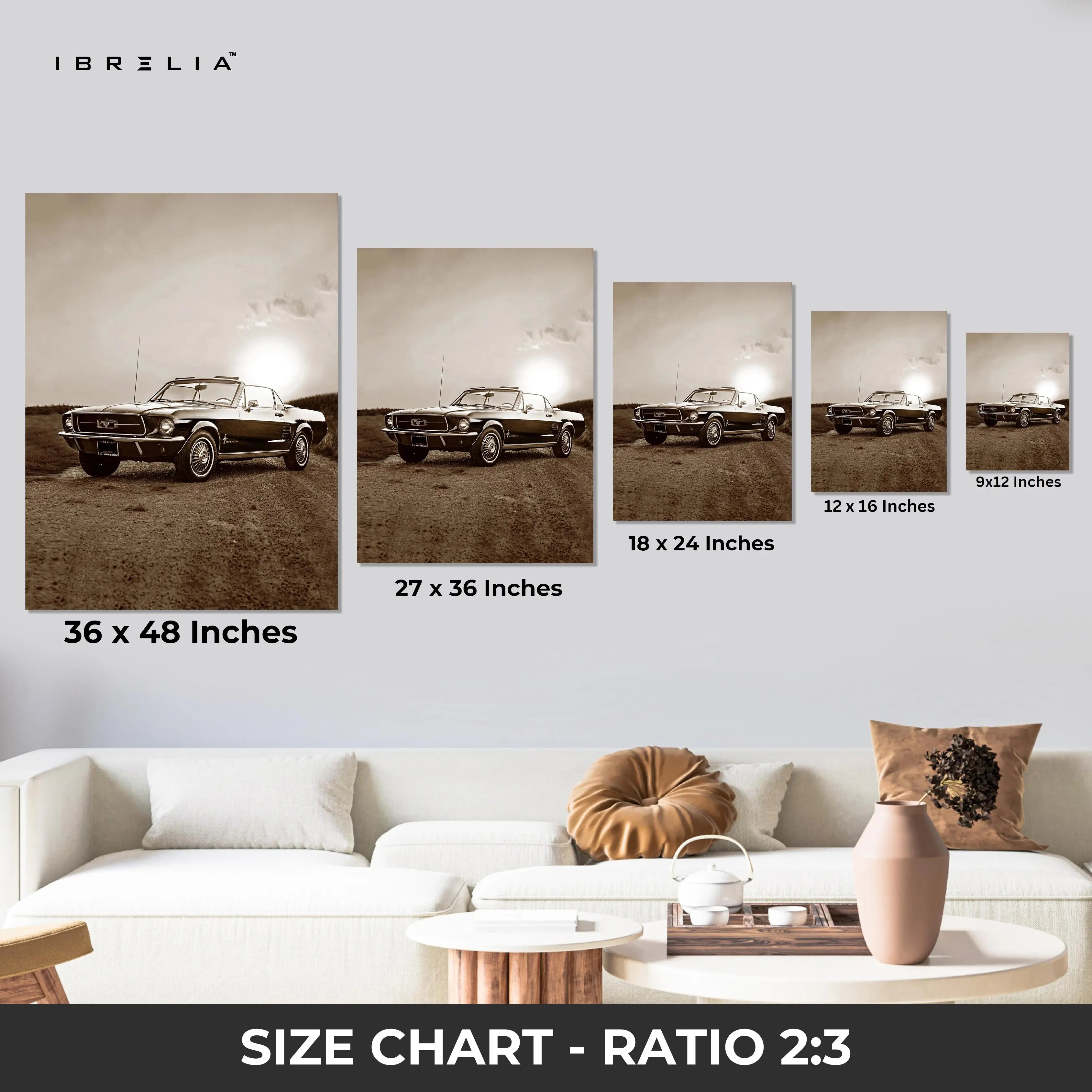 Vintage Ford Mustang Convertible Wall Art – Classic Muscle Car Poster | Retro Sepia Car Wall Frame in Pakistan | IBRELIA™ IBRELIA