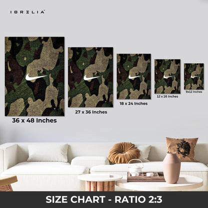 Camo Nike Minimal Wall Art – Streetwear Aesthetic Canvas Frame | Military Pattern Sneaker Style Poster Pakistan | IBRELIA™ IBRELIA