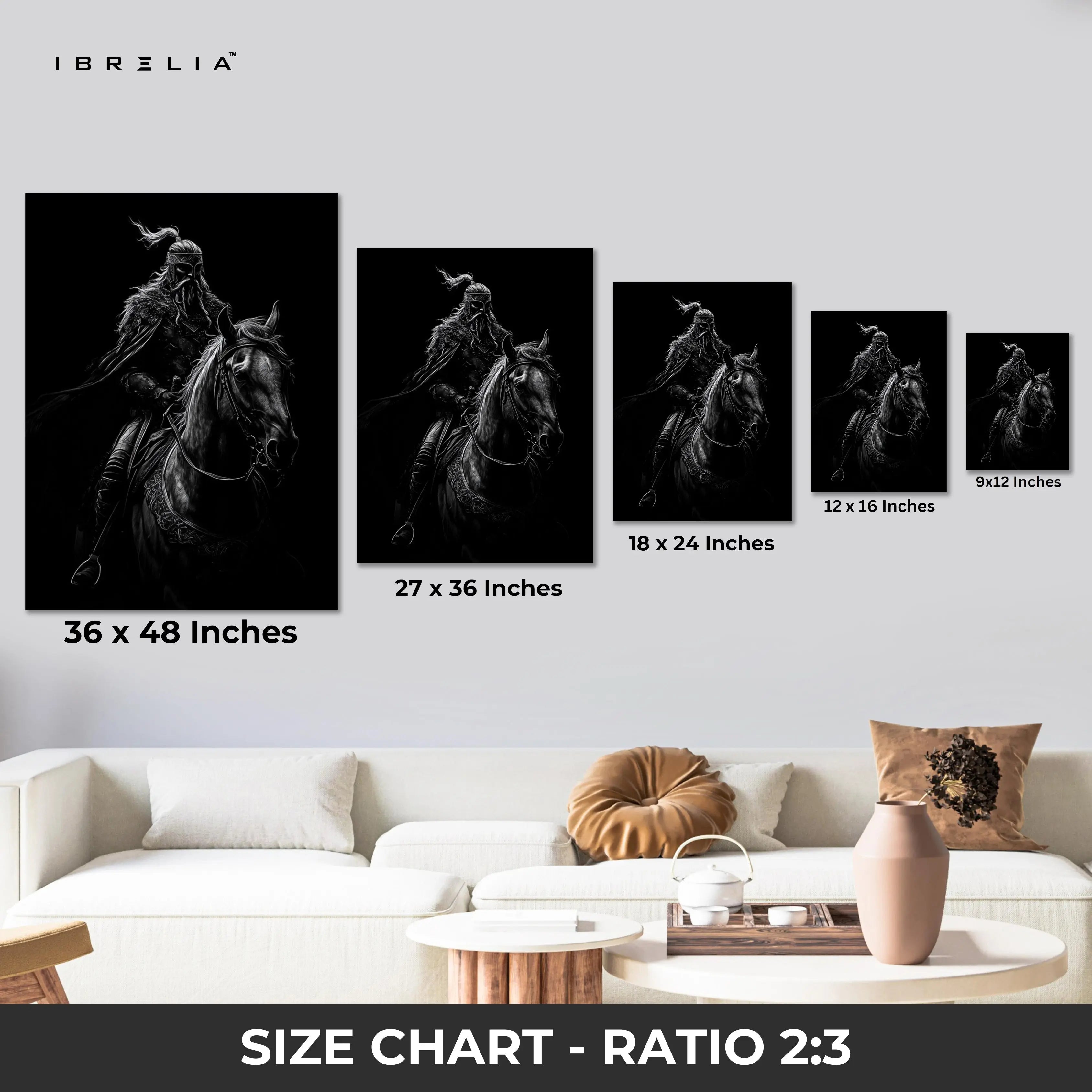 Dark Warrior Wall Art – Viking Rider Canvas Frame | Black Aesthetic Horse Poster Pakistan | IBRELIA™ IBRELIA
