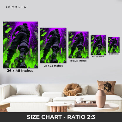 Cyberpunk Neon Soldier Wall Art – Futuristic City Canvas Frame | Sci-Fi Gaming Poster Pakistan | IBRELIA™ IBRELIA
