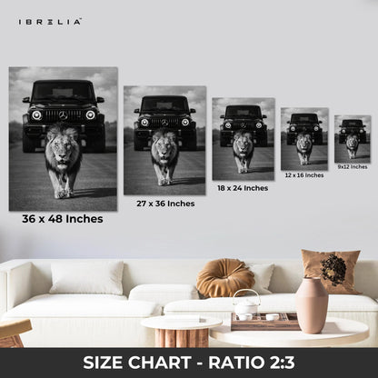 Lion & G Wagon Power Wall Art – Luxury Beast Black & White Canvas Frame | Bold Animal Car Poster Pakistan | IBRELIA™ IBRELIA