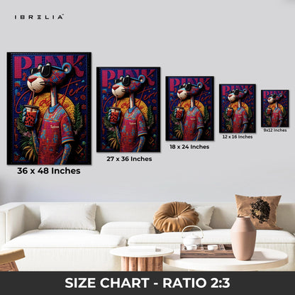 Pink Panther Bubble Tea Wall Art – Pop Art Cartoon Canvas Frame | Colorful Street Style Decor Pakistan | IBRELIA™ IBRELIA