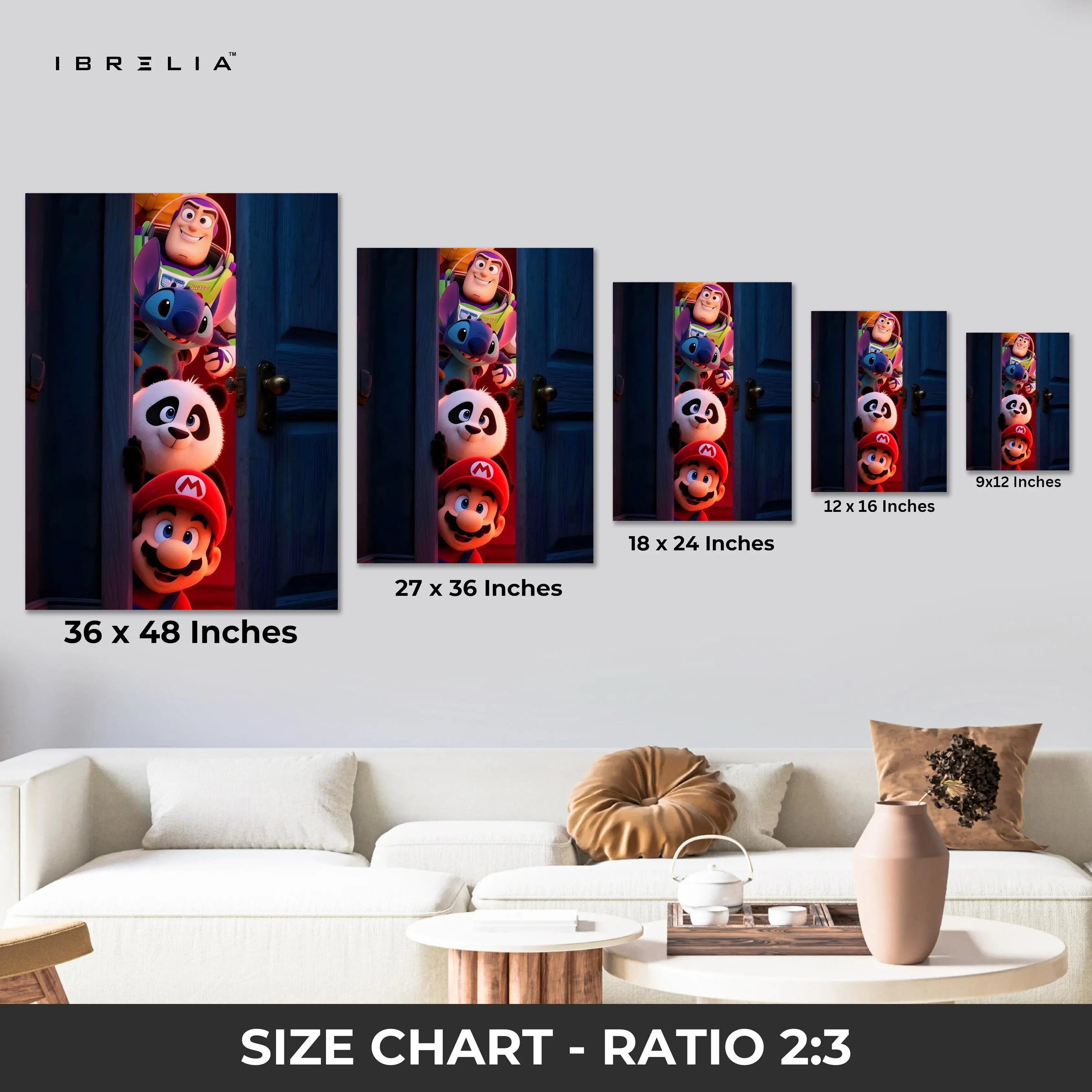 Cartoon Crossover Door Wall Art – Mario Buzz Stitch Panda Canvas Frame | Gaming & Character Decor Pakistan | IBRELIA™ IBRELIA