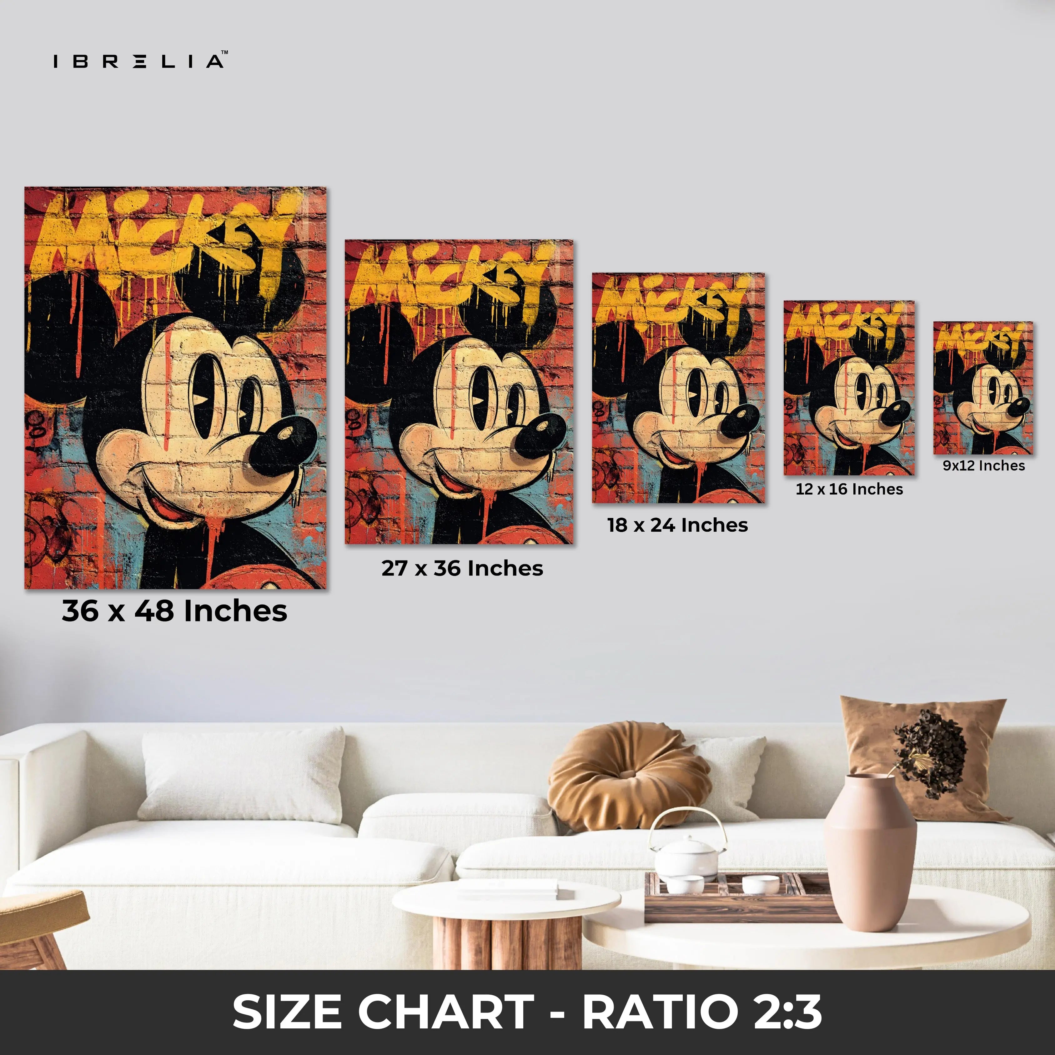Mickey Mouse Graffiti Wall Art – Street Art Cartoon Canvas Frame | Urban Brick Style Poster Pakistan | IBRELIA™ IBRELIA