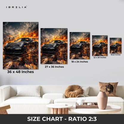 Porsche Firestorm Wall Art – Cinematic Supercar Explosion Poster | 4K Ultra Wrap Frame Wall Art in Pakistan | IBRELIA™ IBRELIA