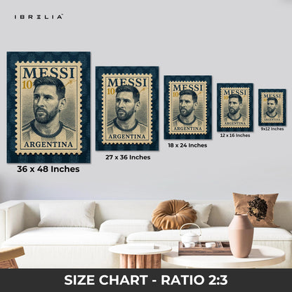 Lionel Messi Vintage Wall Art – Argentina Football Legend Canvas Frame | Retro Stamp Style Poster Pakistan | IBRELIA™ IBRELIA