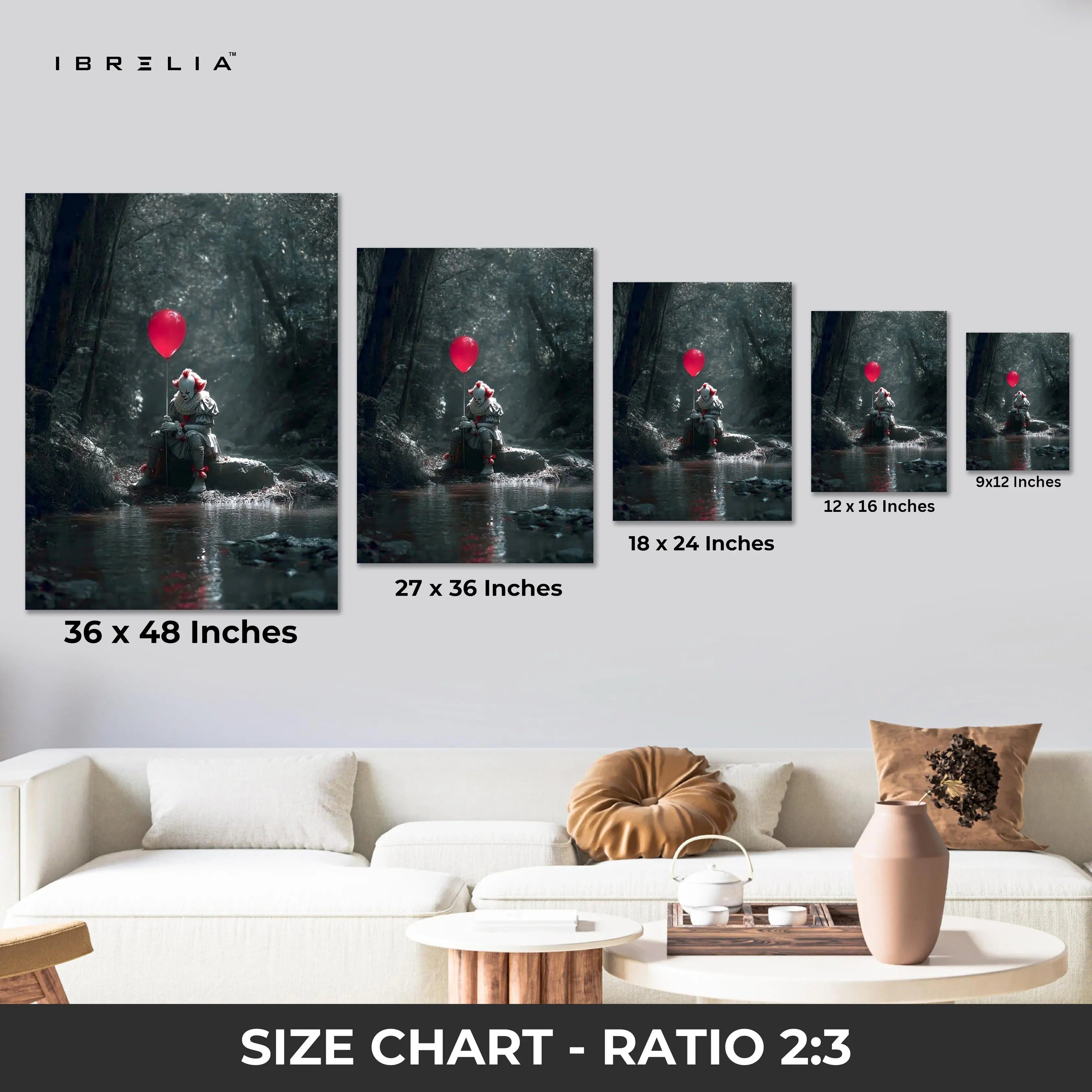 Pennywise Red Balloon Wall Art – IT Horror Movie Canvas Frame | Dark Cinematic Poster Pakistan | IBRELIA™ IBRELIA