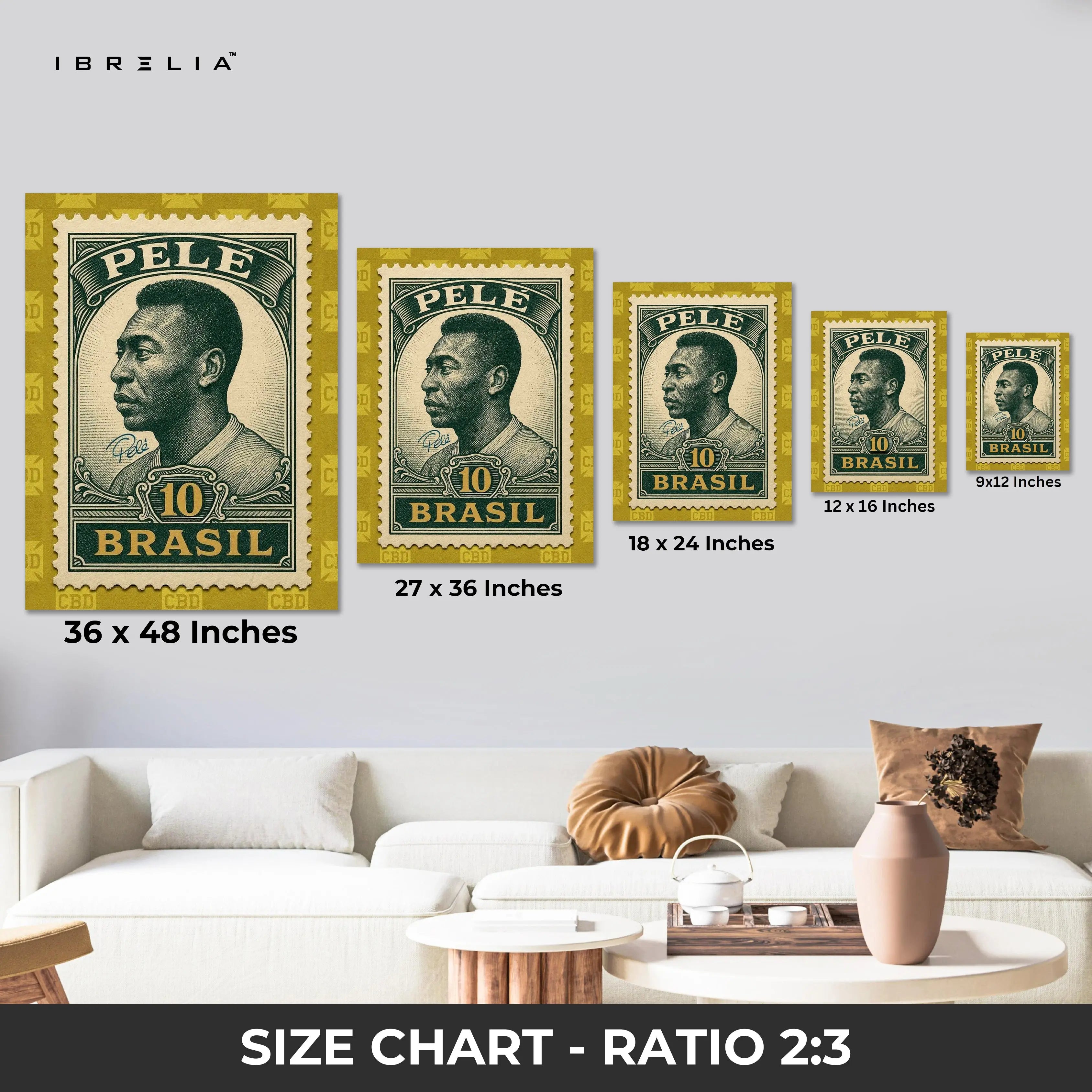 Pelé Vintage Stamp Wall Art – Brazil Football Legend Canvas Frame | Classic Sports Poster Pakistan | IBRELIA™ IBRELIA