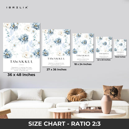 Tawakkul Islamic Wall Art – Blue Floral Trust Design | 4K Ultra Wrap Frame Wall Art in Pakistan | IBRELIA™ IBRELIA