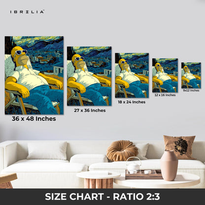 Homer Simpson Starry Chill Wall Art – Artistic Cartoon Canvas Frame | Van Gogh Style Aesthetic Decor Pakistan | IBRELIA™ IBRELIA