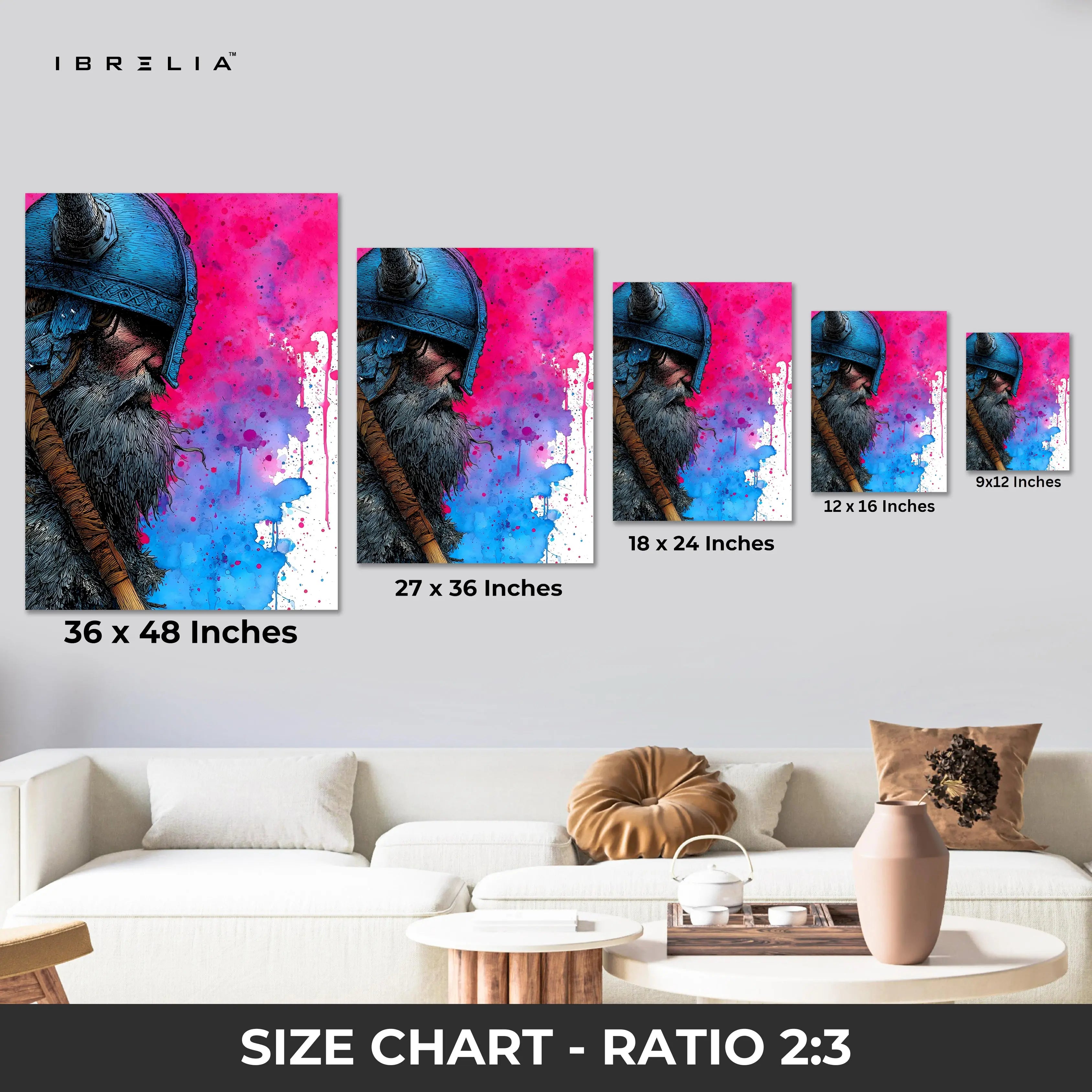 Viking Warrior Portrait Wall Art – Color Splash Norse Canvas Frame | Bold Warrior Illustration Poster Pakistan | IBRELIA™ IBRELIA