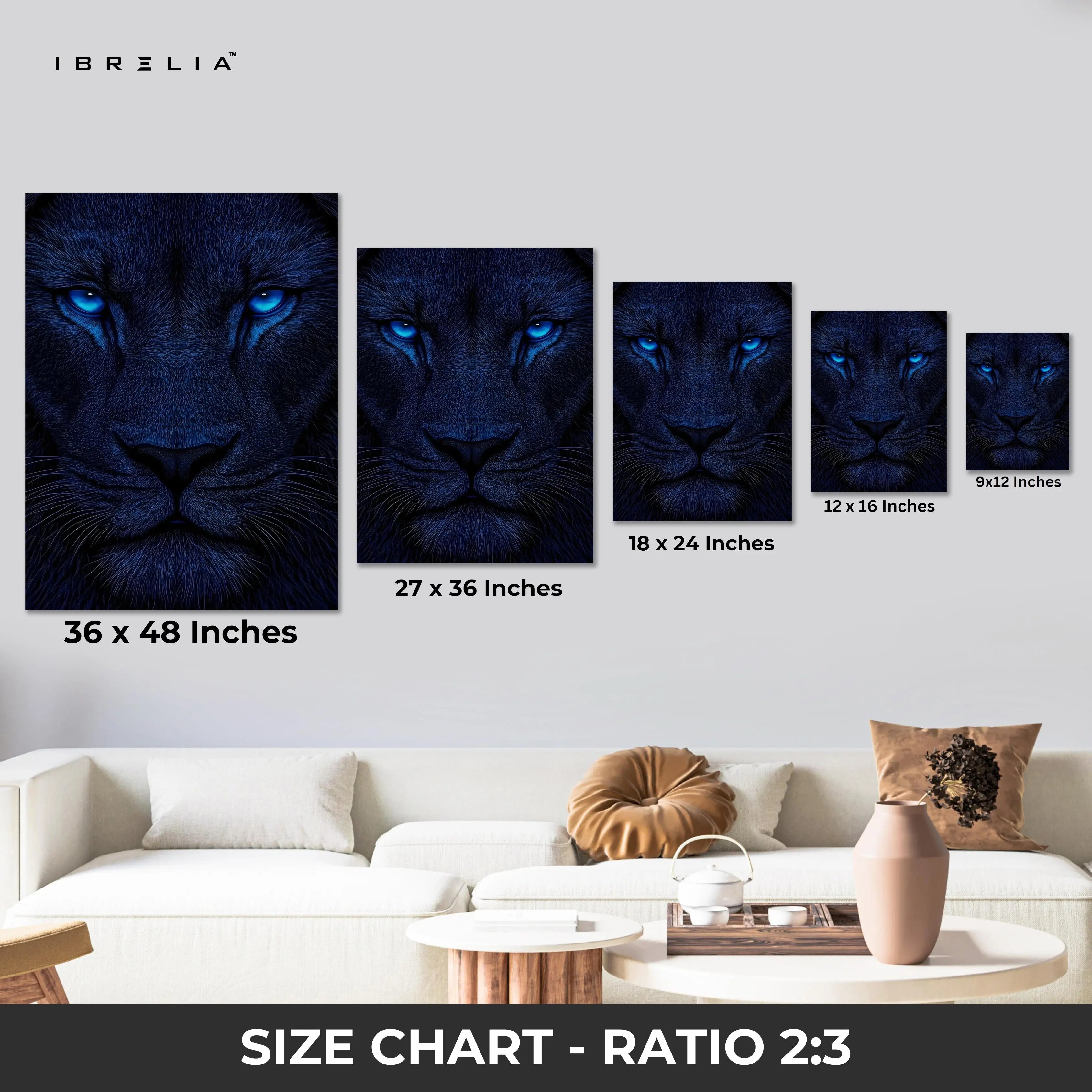 Blue Eyes Lion Wall Art – Dark Aesthetic Wildlife Canvas Frame | Luxury Animal Poster Pakistan | IBRELIA™ IBRELIA