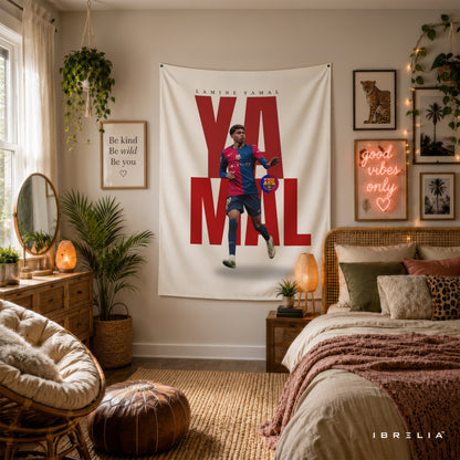 Lamine Yamal Typography FC Barcelona Wall Tapestry | Premium Heavyweight Jute Fabric Wall Hanging