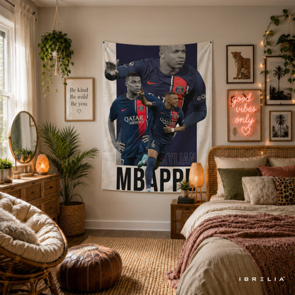 Kylian Mbappé PSG Collage Wall Tapestry | Premium Heavyweight Jute Fabric Wall Hanging