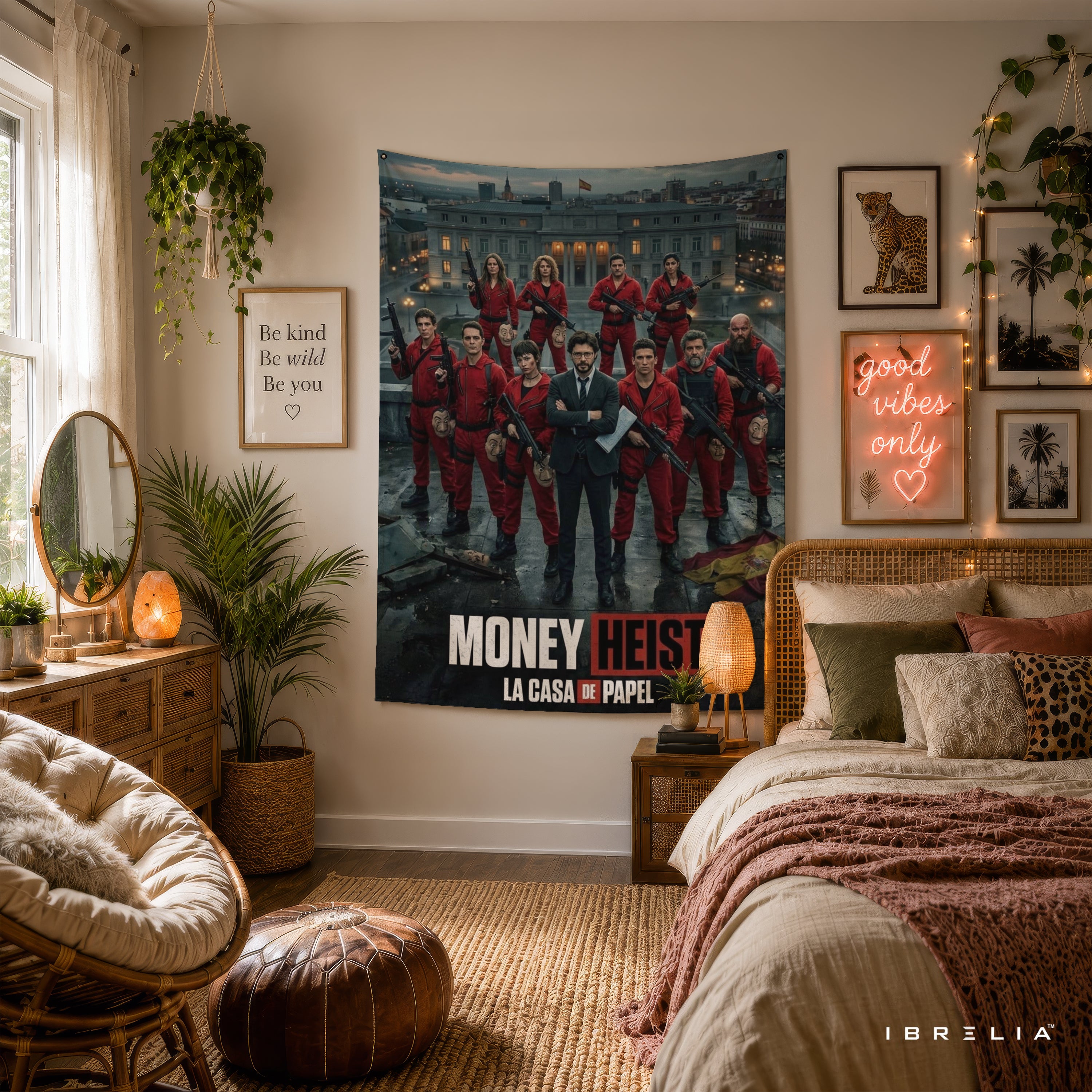 Money Heist (La Casa de Papel) Team Wall Tapestry | Premium Heavyweight Jute Fabric Wall Hanging