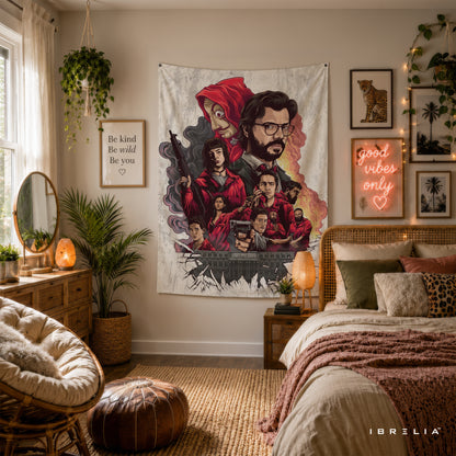Money Heist Character Collage Wall Tapestry | Premium Heavyweight Jute Fabric Wall Hanging