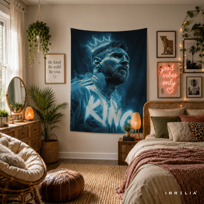 Lionel Messi King Neon Wall Tapestry | Premium Heavyweight Jute Fabric Wall Hanging
