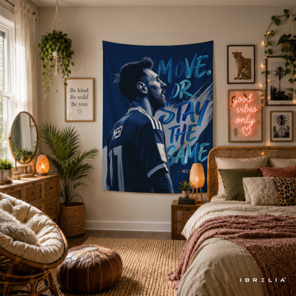 Lionel Messi Move or Stay the Same Wall Tapestry | Premium Heavyweight Jute Fabric Wall Hanging