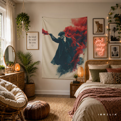 Thomas Shelby Crimson Smoke Wall Tapestry | Premium Heavyweight Jute Fabric Wall Hanging