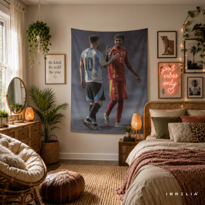 Messi & Lamine Yamal Football Legends Wall Tapestry | Premium Heavyweight Jute Fabric Wall Hanging