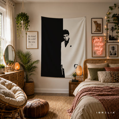 Scarface Tony Montana Black & White Wall Tapestry – Premium Movie Wall Hanging & Home Decor in Pakistan