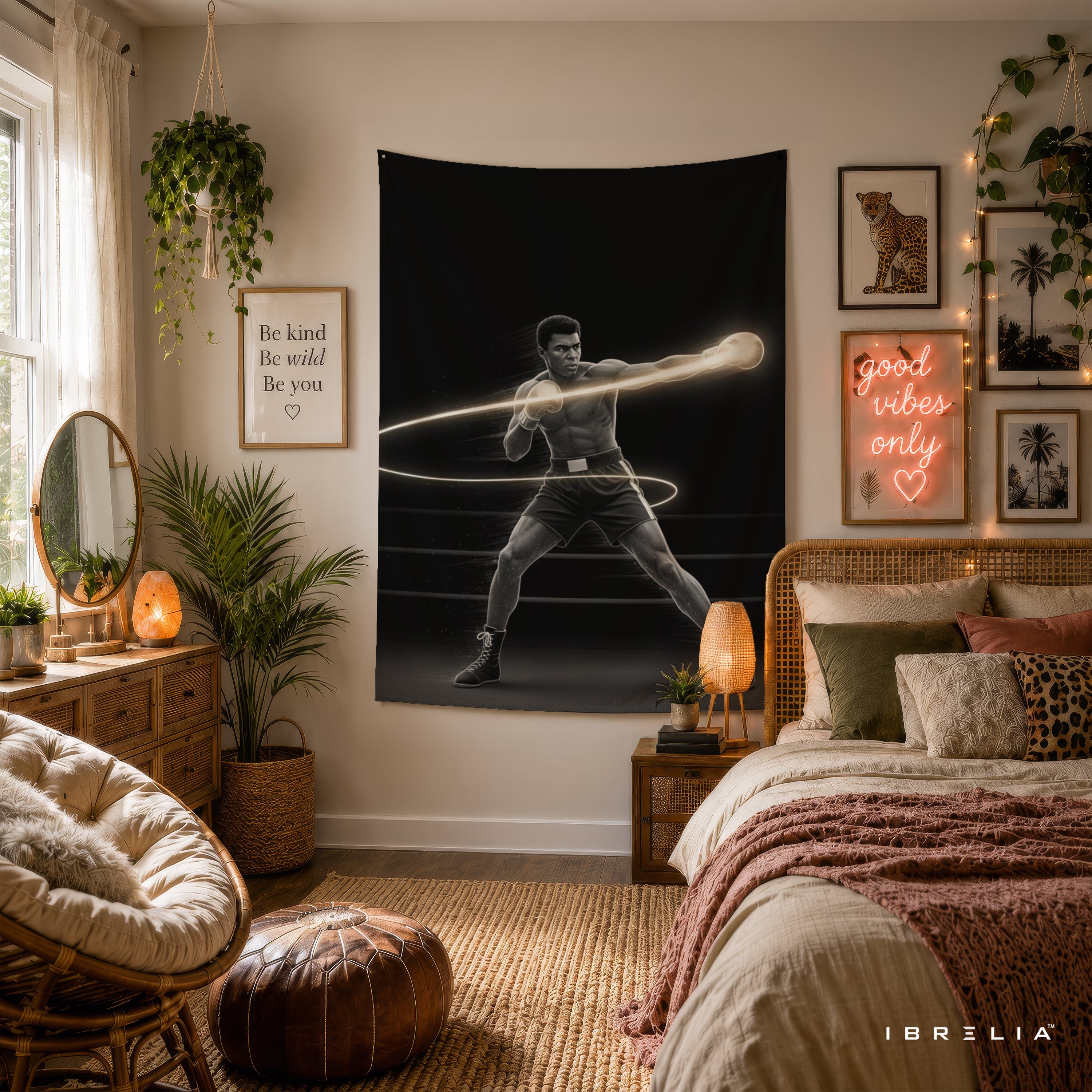 Muhammad Ali Neon Boxing Wall Tapestry | Premium Heavyweight Jute Fabric Wall Hanging