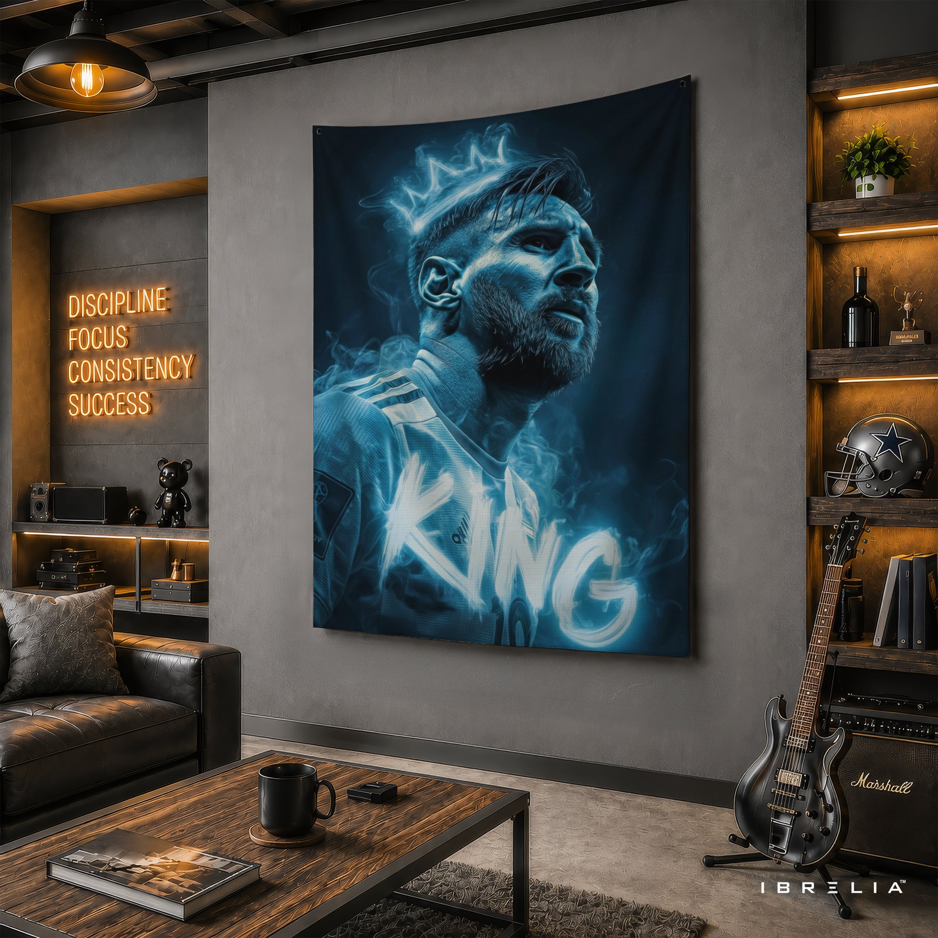 Lionel Messi King Neon Wall Tapestry | Premium Heavyweight Jute Fabric Wall Hanging