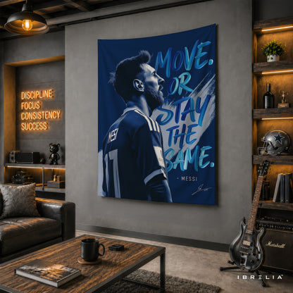 Lionel Messi Move or Stay the Same Wall Tapestry | Premium Heavyweight Jute Fabric Wall Hanging
