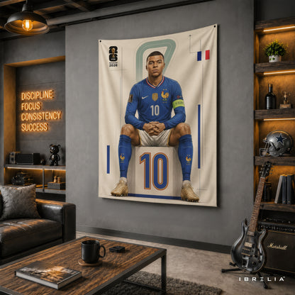 Kylian Mbappé France 2026 Wall Tapestry | Premium Heavyweight Jute Fabric Wall Hanging