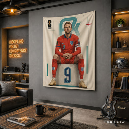 Harry Kane England 2026 Wall Tapestry | Premium Heavyweight Jute Fabric Wall Hanging