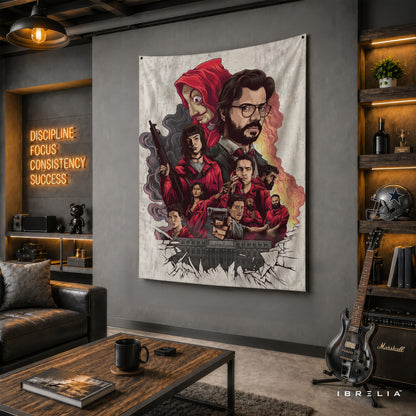 Money Heist Character Collage Wall Tapestry | Premium Heavyweight Jute Fabric Wall Hanging