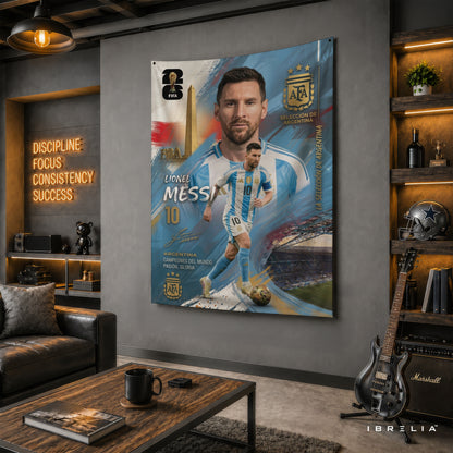 Lionel Messi Argentina Champion Edition Wall Tapestry | Premium Heavyweight Jute Fabric Wall Hanging