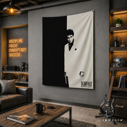 Scarface Tony Montana Black & White Wall Tapestry – Premium Movie Wall Hanging & Home Decor in Pakistan