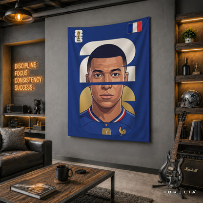 Kylian Mbappé France Minimal Portrait Wall Tapestry | Premium Heavyweight Jute Fabric Wall Hanging